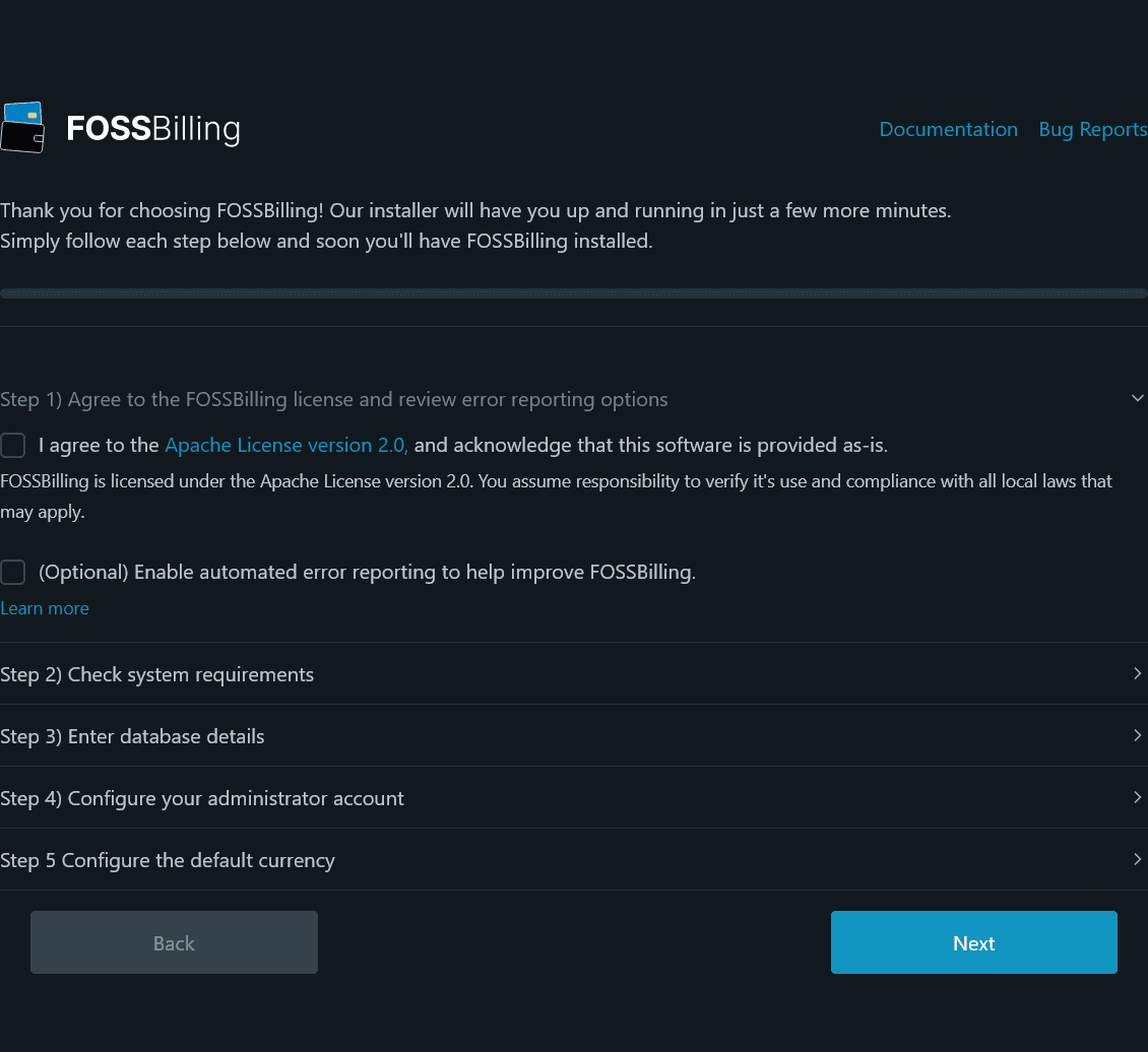 The FOSSBilling installer landing page